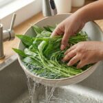 cara mencuci sayur kangkung yang benar di bawah air mengalir