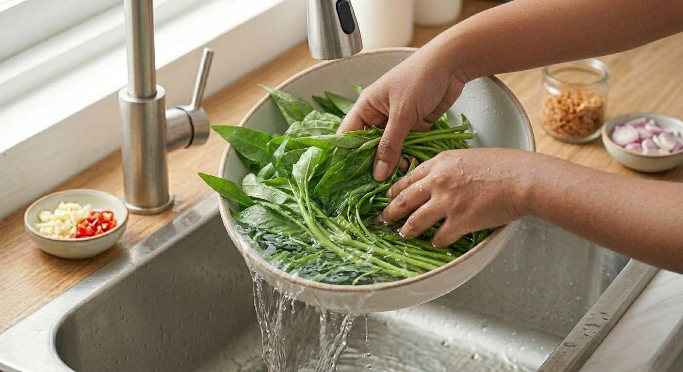 cara mencuci sayur kangkung yang benar di bawah air mengalir